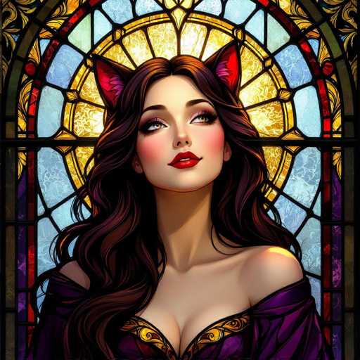 This image is a detailed digital illustration of a woman with cat ears, set against a stained glass window background. The woman has long, wavy brown hair cascading down to her chest, and she is adorned with striking red cat ears. Her eyes are a captivating blue, and she wears bright red lipstick that accentuates her fair complexion. She is dressed in a purple outfit with gold trim, which is off-the-shoulder, revealing her collarbones and shoulders. The stained glass window behind her features a circular design with a yellow center, surrounded by blue and red patterns, and is framed by a brown border. The overall composition gives the impression of a cartoon or anime character, with a blend of realistic and fantastical elements.