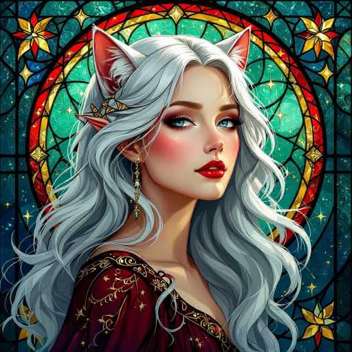 This detailed digital illustration features a young woman with long, wavy gray hair and striking blue eyes. She has a fair complexion, accentuated by bright red lipstick and heavy eye makeup, including mascara and eyeshadow. Her ears are adorned with cat-like cat ears, which are pink on the inside and covered in white fur. She also wears a gold earring on her right ear. The woman is dressed in a burgundy dress with intricate gold embroidery, and she is posed with her body facing to the right, while her head is turned towards the viewer. The background is a stunning stained glass window, predominantly blue with a large circular design in the center. This circle features concentric rings of red, yellow, and green, with a star pattern in the middle. The entire scene is framed by a black border, enhancing the vivid colors and intricate details of the artwork.