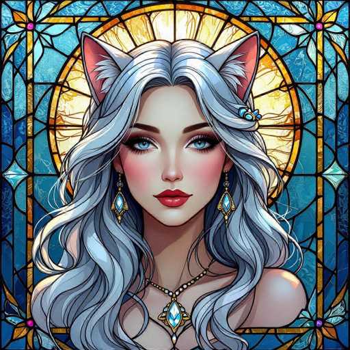 A digital painting of a beautiful woman with long, flowing silver hair and cat ears, wearing ornate jewelry. The artwork is rendered in a stained-glass style with intricate details and vibrant colors, creating a mystical and enchanting atmosphere. The woman's eyes are captivating, with a blend of blue and purple hues, and her lips are painted a deep red. She is wearing a delicate necklace with a large blue gem, and her earrings are equally ornate. The background features a detailed stained-glass window with a golden sunburst at the center, adding to the overall magical aesthetic. The artwork is highly detailed and showcases a blend of fantasy and realism, creating a captivating portrait of a mystical being.