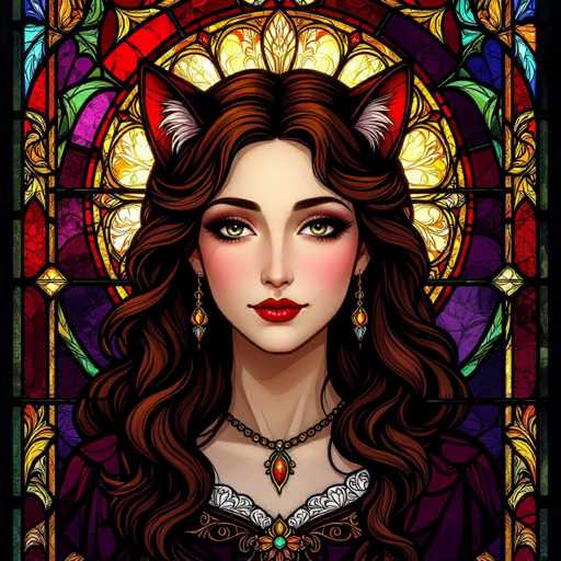 A digital painting of a woman with long, wavy brown hair adorned with cat ears, wearing a dark purple dress and a jeweled necklace. She has large, expressive green eyes with pink blush, red lips, and is looking directly at the viewer. The background is a vibrant stained-glass window with intricate patterns of red, yellow, green, and purple. The overall style is reminiscent of a digital stained-glass artwork with a focus on detailed textures and rich colors.