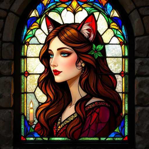 The image depicts a detailed, AI-generated stained glass window featuring a young woman with long, wavy brown hair adorned with a green flower. She has striking blue eyes, red lipstick, and is wearing a red dress with a yellow pattern around the neckline. The woman also sports cat ears, adding a whimsical touch to her appearance. The stained glass window is set within a stone archway, with a candle positioned in the bottom left corner. The window's intricate design includes various colors such as blue, green, yellow, orange, and red, with black lines separating the different glass pieces. The overall composition is vibrant and colorful, creating a captivating visual effect.