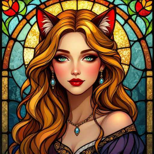 This image features a detailed, cartoon-style drawing of a young woman with long, wavy, reddish-blonde hair. She has striking blue eyes, red lips, and is adorned with diamond earrings and a matching necklace. Her attire includes a purple dress with gold trim, and she sports red cat ears with white fur. The background is a stained glass window with a circular design, incorporating shades of blue, yellow, and red, adding a vibrant and colorful backdrop to the scene.
