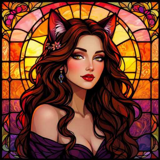 This image features a detailed, computer-generated illustration of a woman with long, wavy brown hair that cascades down to her chest. She is adorned with a pair of cat ears, which are brown on the outside and white on the inside, adding a whimsical touch to her appearance. Her striking yellow eyes are accentuated by heavy eye makeup, and her lips are painted a vivid red. She wears a purple dress that is off the shoulder, revealing her bare left shoulder and part of her chest. The background is a vibrant stained glass window, composed of various colored panels including shades of orange, yellow, pink, purple, and green. The stained glass window is intricately designed with floral patterns, enhancing the overall aesthetic of the image.