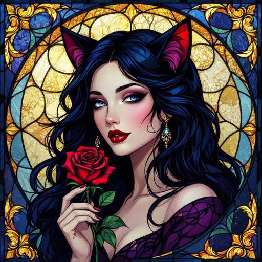 This image features a striking, computer-generated depiction of a woman with long, flowing black hair that cascades down to her chest. She has captivating blue eyes and is adorned with cat ears, which are black on the outside and pink on the inside. Her lips are painted a vibrant red, and she wears elegant earrings that dangle from her ears. In her hand, she holds a red rose, adding a touch of romance to the scene. She is dressed in a purple top that complements her overall appearance. The background is a stunning stained glass window, predominantly yellow with intricate patterns of blue and orange. The stained glass is framed by a black border, which is further accentuated by additional blue and orange hues, creating a visually captivating and harmonious composition.