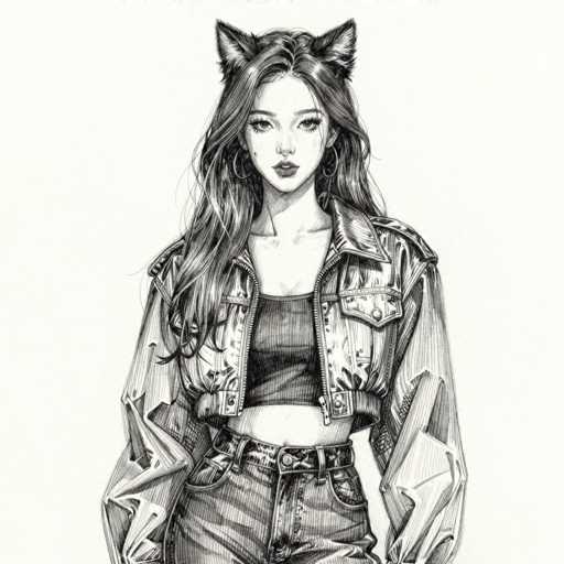 This detailed black and white sketch, possibly created with pencil or charcoal, depicts a young woman with long, wavy hair cascading past her shoulders. She is adorned with cat ears, adding a whimsical touch to her appearance. Her attire includes a cropped black tank top that reveals her midriff, paired with a denim jacket featuring a belt at the waist. She completes her outfit with blue jeans, which are secured by a black belt. The woman's facial features are accentuated by large hoop earrings, and she wears lipstick, adding a subtle touch of color to the monochromatic drawing. The background is a simple off-white, allowing the intricate details of her clothing and features to stand out.