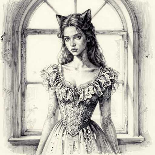 This black and white pencil drawing depicts a young woman, likely in her late teens or early twenties, standing in front of a large arched window. The window, which features a wooden frame and a ledge, is divided into three sections by vertical and horizontal bars. The woman has long, wavy hair that cascades down to her shoulders, with a slight part on the left side. She is adorned in a Victorian-style dress with intricate details, including a corset-like bodice with a bow at the center, and a wide, ruffled collar that extends down to her chest. The dress has short sleeves with lace trim and a full skirt that flares out at the bottom. Notably, she wears cat ears on her head, adding a whimsical touch to her otherwise elegant appearance. The background is minimal, focusing attention on the detailed rendering of the woman and the window.