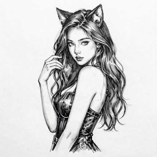 This black and white illustration features a young woman with long, wavy hair cascading down her back. She is adorned with cat ears, adding a whimsical touch to her appearance. Her attire consists of a corset-like top, which is accentuated with multiple buckles and straps. The woman's right hand is raised to her face, gently touching her hair, while her left arm hangs naturally by her side. She gazes directly at the viewer with a neutral expression, her lips slightly parted. The background is a plain white, ensuring that all attention is drawn to her detailed and intricate figure.