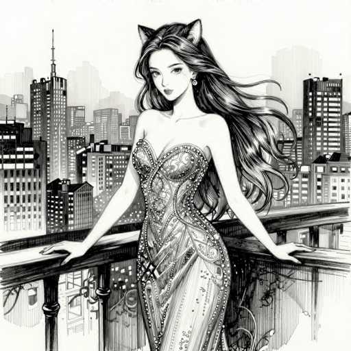 This black and white illustration features a striking woman with long, flowing hair cascading down her back. She is adorned in a strapless dress that accentuates her elegant figure. The dress is intricately designed with a floral pattern and embellished with beads, adding a touch of opulence to her ensemble. The woman stands confidently on a balcony, her hands resting on the railing, gazing directly at the viewer. Adding a whimsical element to her appearance, she has cat ears perched atop her head. The background reveals a cityscape with towering buildings, some of which are illuminated, creating a stark contrast against the monochromatic palette. The scene is devoid of any text, allowing the viewer to fully immerse in the visual narrative.