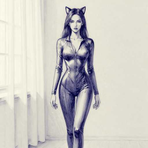 This detailed black and white pencil drawing depicts a young woman, likely in her early 20s, standing in a room with a window to her left. She has long, dark hair cascading down her back and is adorned with cat ears on her head. The woman is wearing a form-fitting, long-sleeved bodysuit that zips up to her chest, revealing a hint of cleavage. The suit appears to be made of a shiny material, possibly leather or latex, and features a zipper that extends down to her upper thigh. Her arms are slightly bent at the elbows, and her hands rest by her sides. The background includes a white wall and a wooden floor, with a sheer white curtain partially drawn over the window, allowing light to filter through. The overall composition captures a sense of elegance and mystery, with the woman's direct gaze adding to the drawing's captivating nature.