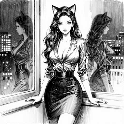 This black and white illustration features a striking woman with long, wavy hair cascading down to her chest. She is adorned with cat ears, adding a whimsical touch to her appearance. The woman is dressed in a low-cut, long-sleeved shirt that is unbuttoned at the top, revealing a hint of cleavage. Her outfit is cinched at the waist with a black belt, and she wears a short skirt that falls just above her knees. She is seated on a windowsill, with her hands resting on either side of her. Behind her, a window reflects her image, showing two distinct sides: on the left, she gazes to the left, and on the right, she looks to the right. The background reveals a cityscape with buildings illuminated by lights, creating a serene urban night scene.