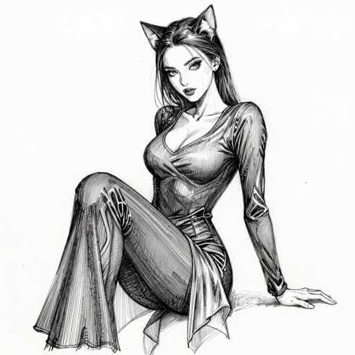 This black and white pencil drawing depicts a young woman with long, dark hair cascading down her back. She is seated on a flat surface, her left hand resting behind her for support. Her attire is a form-fitting, long-sleeved top with a V-neck that reveals a hint of cleavage. The top is tucked into her pants, which are accentuated by a belt around her waist. Her right leg is bent at the knee, with her foot tucked under her left thigh, which is also bent. The woman's facial features include full lips and long eyelashes, and she wears a pair of cat ears on her head. The drawing is entirely monochromatic, with no additional elements or background details.