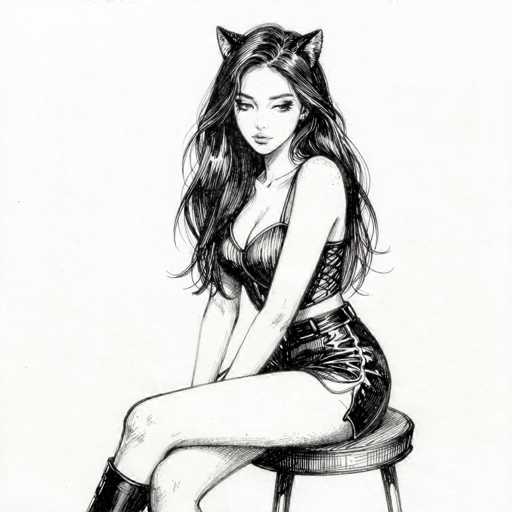 This black and white pencil drawing depicts a young woman seated on a stool, facing the viewer. She is dressed in a revealing outfit that includes a corset and a short leather skirt, complemented by knee-high boots. Her long, dark hair cascades down to her waist, and she wears cat ears on her head, adding a whimsical touch to her appearance. The woman's expression is serious, and her eyes are cast downward, giving her a contemplative look. The stool she sits on has three visible legs, and the background is a plain white, emphasizing the detailed shading and intricate linework of the drawing.
