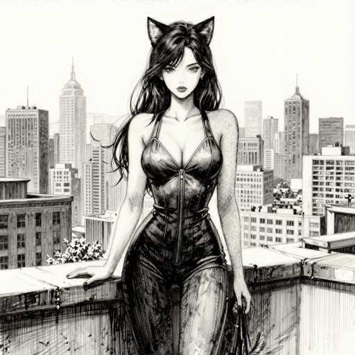 This black and white illustration features a striking female character with cat-like ears, exuding a sense of mystery and allure. She is dressed in a form-fitting catsuit that accentuates her curves, particularly her large breasts and prominent buttocks. The catsuit is adorned with a zipper running down the front, adding to the edgy aesthetic. Her long, dark hair cascades down, framing her face and enhancing her enigmatic expression. The character is depicted sitting on the edge of a rooftop, gazing directly at the viewer with an intense, captivating stare. The background showcases a cityscape with numerous buildings, adding depth and context to the scene. The overall composition is rendered in monochromatic tones, emphasizing the intricate details and textures of the illustration.
