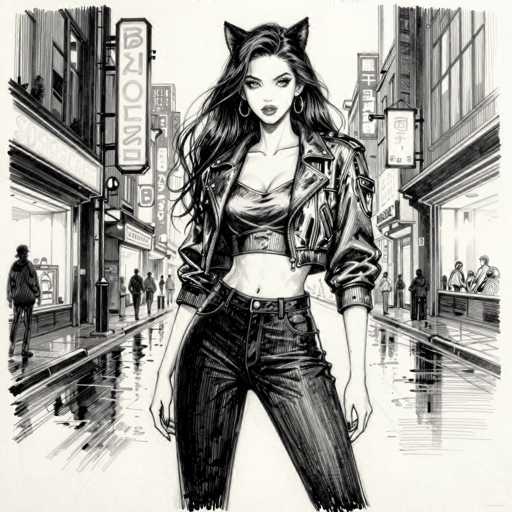 A detailed, hand-drawn sketch of a stylish woman in a city street. She's wearing a black leather jacket with cat ears, a cropped top, and high-waisted jeans. Her long, wavy hair cascades down her shoulders, and she's wearing large hoop earrings. She's standing confidently in a wet city street with reflections on the ground, surrounded by detailed buildings and people. The overall style is a black and white illustration with a focus on texture and dynamic lines, reminiscent of manga or comic book art.
