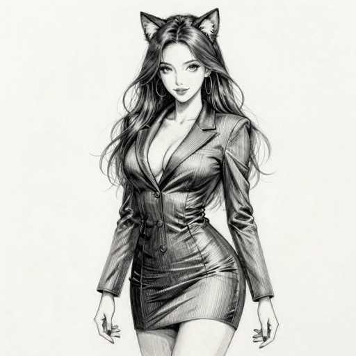 This black and white illustration features a young woman with long, flowing hair that cascades down to her waist. She is adorned with cat ears, adding a whimsical touch to her appearance. Her attire is a sleek, form-fitting dress that accentuates her figure, particularly highlighting her pronounced bust and curvaceous hips. The dress is buttoned up, revealing a hint of cleavage. She accessorizes with hoop earrings that dangle elegantly from her ears. Her hands rest by her sides, and her gaze is directed straight ahead, exuding confidence and poise.