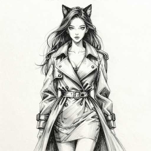 This black and white pencil sketch depicts a young woman, likely in her late teens or early twenties, with long, flowing dark hair that cascades down her back. She is adorned with cat-like ears, adding a whimsical touch to her appearance. Her attire consists of a knee-length, double-breasted trench coat, cinched at the waist with a belt. The coat features prominent buttons and a large collar, enhancing its classic style. She is accessorized with small earrings and has a subtle, almost neutral expression on her face. The background is a simple, light gray, allowing the detailed linework of the drawing to stand out. The overall composition is square, with the woman's figure centrally positioned, giving the sketch a balanced and focused feel.