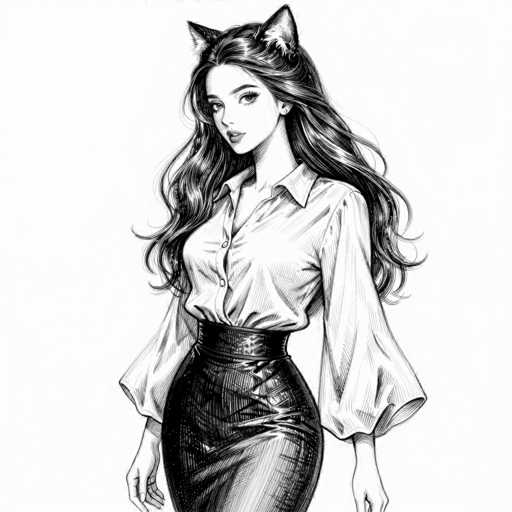 This black and white illustration features a young woman with long, wavy hair cascading down her back. She is dressed in a white, long-sleeved button-up shirt with a collar, which is tucked into a black leather pencil skirt. Her shirt sleeves are slightly puffy, adding a touch of elegance to her outfit. The woman has a fair complexion and is adorned with small stud earrings. Her lips are painted a striking red, providing a vivid contrast to the monochromatic palette of the drawing. She gazes directly at the viewer with a neutral expression, her hands resting naturally at her sides. Adding a whimsical touch to her appearance, she wears a pair of cat ears, which are black with white fur on the inside. The background is a plain white, ensuring that all attention is drawn to the detailed and lifelike portrayal of the woman.