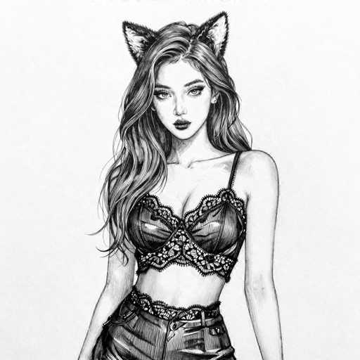 This black and white illustration features a young woman with long, wavy hair cascading down to her waist. She is adorned with cat ears that have pointed tips and a white interior, adding a whimsical touch to her appearance. Her facial features are striking, with large eyes accentuated by long eyelashes, a small nose, and full lips. She is dressed in a revealing corset that exposes her midriff, with the top part of her jeans visible. The corset is detailed with lace and a floral pattern, and it has a strap that goes over her shoulder. The woman's slender arms hang naturally by her sides, and she is gazing directly at the viewer. The background is a light gray, providing a subtle contrast to the intricate details of her attire and features.