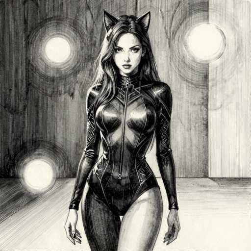 This black and white pencil drawing depicts a young woman, likely in her 20s, with long, wavy hair cascading down to her chest. She is adorned in a sleek, form-fitting catsuit that accentuates her figure, featuring a prominent zipper running from her neck down to her crotch. The catsuit is designed with long sleeves and a high collar, and it includes a distinctive diamond pattern on the chest. Her hands rest by her sides, showcasing her black-painted fingernails. Atop her head, she wears a pair of cat ears, adding a whimsical touch to her appearance. The background is a stark white, punctuated by four large, circular lights that create a dramatic contrast. The woman gazes directly at the viewer with a serious expression, her lips slightly parted, and her eyes wide open, giving the image a captivating and intense focus.