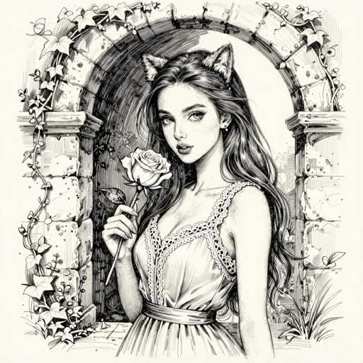 This black and white illustration features a young woman with long, wavy hair cascading down her back. She is adorned with cat ears, adding a whimsical touch to her appearance. The woman is dressed in a sleeveless dress that cinches at the waist with a belt, and the dress is embellished with lace detailing around the neckline and shoulders. She holds a rose delicately in her hand, and her lips are slightly parted, revealing a hint of her teeth. Her gaze is directed straight at the viewer, creating a sense of connection. The background showcases a stone archway, partially covered with climbing vines, adding a touch of nature to the scene. The illustration is rendered in a detailed, sketch-like style, emphasizing the intricate textures and patterns.