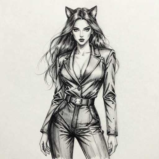 This detailed black-and-white pencil drawing depicts a young woman with long, flowing hair that cascades down to her waist. She is adorned with large hoop earrings and has a pair of cat ears perched atop her head, adding a whimsical touch to her appearance. Her attire consists of a stylish leather jacket, which is unbuttoned to reveal a hint of cleavage, and matching leather pants. A belt cinches her waist, accentuating her figure. The woman stands with her hands at her sides, her head slightly tilted downward, and her gaze directed straight at the viewer. The background is a simple, light gray, ensuring that the focus remains entirely on the intricately detailed figure.