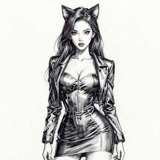 This black and white illustration features a young woman with long, flowing hair cascading past her shoulders. She is adorned with cat ears, adding a whimsical touch to her appearance. Her attire consists of a form-fitting dress that accentuates her figure, paired with a stylish leather jacket. The woman's hands are visible, showcasing her long, manicured fingernails. She gazes directly at the viewer with a neutral expression, her lips slightly parted. The background is a simple white, ensuring that all attention remains on the intricately detailed figure of the woman.