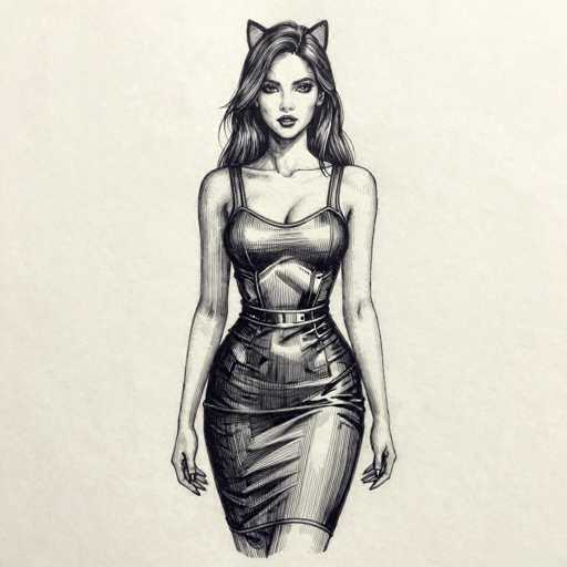 This black and white pencil drawing depicts a young woman, likely in her early 20s, with long, wavy hair cascading past her shoulders. She is adorned in a form-fitting, sleeveless leather dress that accentuates her figure, complete with a belt cinching her waist. The dress extends to just above her knees, revealing her legs. Her arms hang naturally by her sides, with her hands slightly clenched. She gazes directly at the viewer with a serious expression, her lips closed and eyes framed by dark, defined eyebrows. Adding a whimsical touch, she wears cat ears on her head. The background is a light gray, providing a stark contrast to the detailed shading of the woman, who stands centrally in the image.