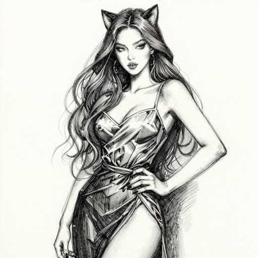 This black and white pencil drawing depicts a young woman with long, wavy hair cascading down to her waist. She is adorned with large hoop earrings and has a pair of cat ears perched atop her head, adding a whimsical touch to her appearance. Her attire is a striking dress that features a deep V-neckline, a sash tied around her waist, and a high slit on the left side, revealing her leg. The dress is intricately designed with various shapes and lines, giving it a unique, textured look. The woman's right hand is positioned on her hip, showcasing her long, dark-colored fingernails, while her left arm hangs gracefully by her side. Her gaze is directed towards the viewer, and her lips are slightly parted, adding a touch of mystery to her expression. The background is a simple, light gray, which allows the detailed linework of the drawing to stand out prominently.