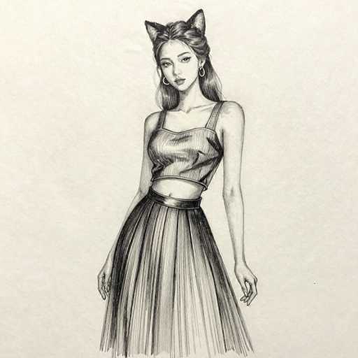 This detailed black and white pencil drawing features a young Asian woman, likely in her late teens or early twenties, with long, wavy hair cascading down her back. She is adorned with cat ears, adding a whimsical touch to her appearance. Her attire includes a sleeveless, cropped top that reveals her midriff, paired with a long, flowing skirt that extends to her feet. The skirt is accentuated by a belt cinched at her waist. She accessorizes with small hoop earrings, and her expression is neutral, neither smiling nor frowning. The background is a simple, light gray, allowing the intricate details of her figure to stand out prominently.