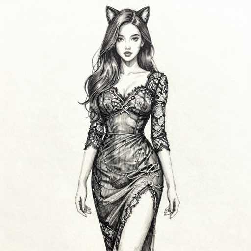 This black and white illustration features a young woman with long, wavy hair cascading down to her chest. She is adorned in a corset-style dress that accentuates her figure, with the fabric flowing elegantly around her. The dress is detailed with intricate lace sleeves that extend to her elbows, adding a touch of sophistication to her ensemble. Her hands rest gently by her sides, and she gazes directly at the viewer with a serene expression. Notably, she wears a pair of cat ears, adding a whimsical element to her appearance. The overall composition of the image is simple yet captivating, with the focus solely on the woman and her detailed attire.