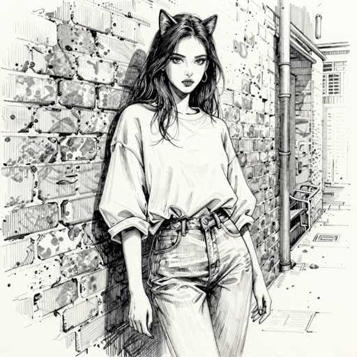 The image is a detailed black and white sketch of a young woman standing against a brick wall in an alleyway. The woman, who appears to be of Asian descent, has long, dark hair that falls past her shoulders and is adorned with cat ears. She is wearing a baggy, long-sleeved shirt with the sleeves rolled up to her elbows, and blue jeans that are slightly faded and tucked into a belt. Her facial features include large eyes, dark eyebrows, and dark lipstick, with a hoop earring visible in her left ear. The brick wall behind her is decorated with various graffiti, including a bunny rabbit and a cat. To her right, there is a metal pipe running vertically along the wall, and further in the background, a building with a door and a window can be seen. The alleyway floor is made of concrete, and the overall scene is rendered in shades of black, white, and gray.