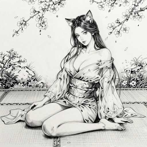 This black and white illustration features a young woman with long, dark hair, seated on a mat. She is adorned in a kimono that is tied at the waist and has a low neckline, revealing her cleavage. The kimono's sleeves are long and flowing, adding to the elegance of her attire. Her feet are bare, and she is positioned with her knees bent, facing the viewer. Notably, she has cat ears protruding from her head, adding a whimsical touch to her appearance. The background is richly detailed with cherry blossom branches and various other flowers, creating a serene and picturesque setting. The overall composition is rendered in a delicate, monochromatic palette, emphasizing the intricate details and textures of the scene.