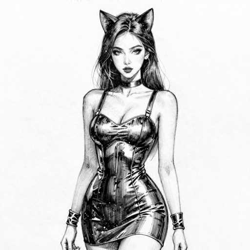 This black and white illustration features a young woman with long, dark hair, styled with cat ears that have small stars on them. She is depicted from the thighs up, wearing a tight, shiny leather dress that accentuates her figure, complete with a zipper down the front. The dress has thin straps over her shoulders and a high collar that wraps around her neck. She also wears metal cuffs on both wrists. The woman's expression is serious, with her eyes looking slightly to the left. The background is a light gray, providing a stark contrast to the detailed, dark shading of her figure.