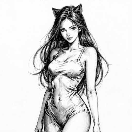 This black and white illustration features a young woman with long, flowing hair cascading down her back. She is adorned in a sleek, one-piece bodysuit that accentuates her figure, complete with thin straps over her shoulders. The bodysuit is designed with a V-neckline that plunges down to her waist, revealing a hint of cleavage. The fabric is form-fitting, hugging her chest and waist, before extending into shorts that sit just above her upper thighs. The woman's arms hang naturally by her sides, and she gazes directly at the viewer with a subtle, enigmatic smile. Adding a whimsical touch to her appearance, she sports a pair of cat ears atop her head. The illustration is rendered in a detailed, sketch-like style, emphasizing the contrast between light and shadow to create a striking visual effect.