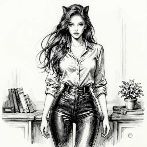 A detailed, black and white pencil sketch of a woman with long, flowing hair and cat ears. She's wearing a light-colored button-down shirt, high-waisted leather pants, and delicate earrings. She's standing in front of a desk with books and a potted plant on it, looking directly at the viewer with a slightly serious expression. The style is reminiscent of a fashion illustration or a detailed sketch, emphasizing texture and shading.