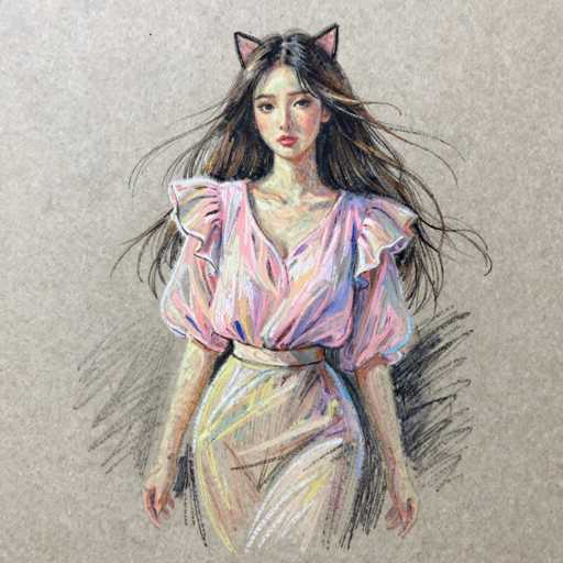 This image features a detailed drawing of a young Asian woman, likely in her late teens or early twenties, set against a light gray background. She has long, flowing black hair that cascades down to her waist, with strands appearing to be blown by the wind. Her hair is adorned with pink cat ears, adding a whimsical touch to her appearance. She has a light complexion, dark eyes, and is wearing red lipstick. Her attire consists of a pink blouse with puffy sleeves that extend to her elbows, and a yellow skirt that reaches her knees. The blouse is cinched at the waist with a white belt. The woman's arms are positioned at her sides, and she is looking directly at the viewer with a neutral expression. The drawing is rendered in a style that combines both colored pencil and possibly crayon, giving it a textured, vibrant look.