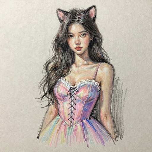 This image features a detailed drawing of a young woman with long, dark brown hair cascading down to her chest. She has a light complexion and is adorned with pink cat ears on top of her head. Her attire is a striking corset dress, predominantly pink with accents of blue and purple. The corset is laced up the front with black strings and is complemented by a white lace trim at the top. The dress flares out into a voluminous skirt at the bottom, adding a touch of elegance to her outfit. The background is a light gray, providing a subtle contrast to the vibrant colors of her dress. The overall composition highlights the intricate details of her attire and the delicate features of her face, creating a captivating and whimsical portrait.