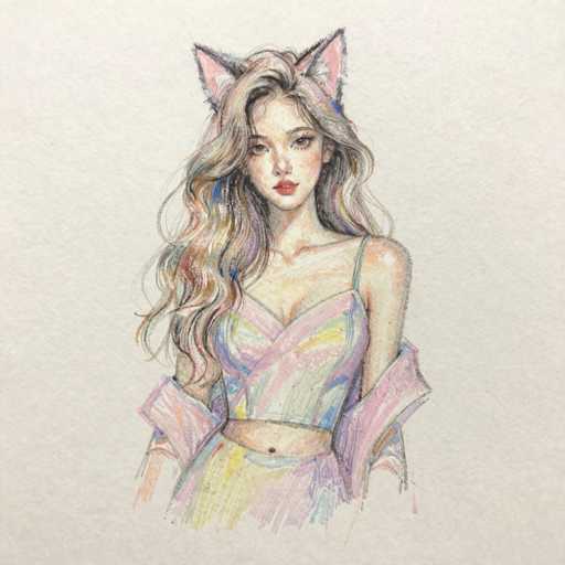 A detailed colored pencil drawing of a young woman with long, wavy hair adorned with cat ears. She's wearing a stylish outfit that combines pastel shades of pink, purple, and yellow in a modern, possibly fantasy-inspired design. Her expression is soft and her gaze is directed towards the viewer with a gentle, slightly dreamy quality. The drawing has a delicate texture and showcases fine details in the hair and clothing.