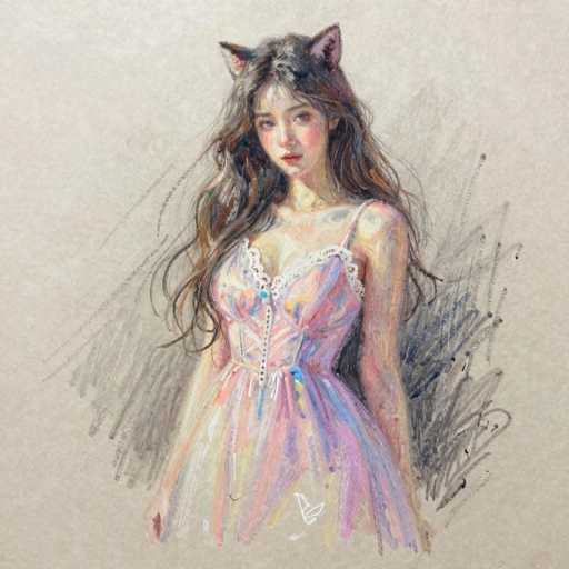 This image features a detailed drawing of a young woman, likely of Asian descent, with long, wavy hair that cascades down to her waist. She is depicted wearing a pink dress adorned with white lace trim around the neckline and shoulders, which also features a corset-like front with buttons. The dress has a flowing skirt that extends to her knees. Her hair is parted in the middle, and she has a pale complexion with a slight tan, pink cheeks, and red lips. She is also wearing cat ears on her head. The background is a light brown or beige color, with black and gray smudges adding depth to the composition. The woman is looking slightly to the right, and the overall style of the drawing is somewhat cartoonish, with a focus on her facial features and attire.