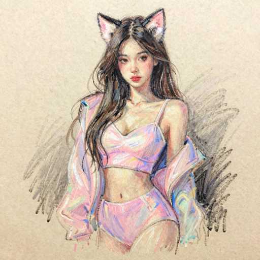 This is a detailed colored pencil drawing of a young Asian woman, likely in her late teens or early twenties, with long, dark brown hair that cascades down to her waist. She has a slender figure and is depicted wearing a pink, purple, and blue bikini-style outfit, which includes a bra top and matching panties. Over her outfit, she has a jacket that is open, revealing her midriff. The woman is adorned with cat ears that are pink on the inside and white on the outside, adding a whimsical touch to her appearance. Her makeup is subtle, featuring light pink blush and red lipstick. The background of the drawing is a light brown color, and there are black scribbles behind her, adding depth to the image. The overall style of the drawing is somewhat cartoonish, with a focus on the woman's serene and slightly pensive expression as she looks directly at the viewer.