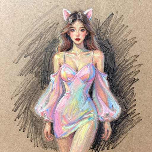 A digital illustration of a young woman in a pastel-colored, off-the-shoulder dress with large, flared sleeves. She has long, wavy brown hair and is wearing cat ears on her head. Her expression is soft and slightly dreamy, with rosy cheeks and red lipstick. The background is a textured beige paper with dark gray pencil strokes creating a blurred, abstract effect around her. The overall style is reminiscent of anime or manga art, with soft shading and a focus on delicate details.