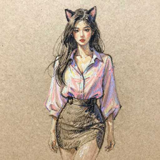 A digital sketch of a young woman with long, dark hair wearing cat ears. She's wearing a pink and blue striped shirt, a black skirt with a belt, and has red lipstick. She's looking directly at the viewer with a slightly serious expression. The sketch is done in a soft, sketchy style with visible pencil strokes on a light beige background.