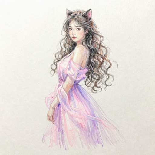 This image features a detailed drawing of a young Asian woman, likely in her late teens or early twenties, with long, wavy brown hair that cascades down her back. She is adorned with pink and black cat ears, adding a whimsical touch to her appearance. Her attire is a flowing, sleeveless dress that transitions from a light pink at the top to a blend of purple and pink towards the bottom, with a sheer, gauzy texture that gives it a delicate, ethereal quality. The dress is form-fitting at the top and becomes more flowing towards the bottom. She is posed with her body turned to the left, while her head is turned to face the viewer, her gaze direct and engaging. Her makeup is subtle, featuring light pink lipstick, and her expression is neutral, neither smiling nor frowning. The background is a simple, light gray, which helps to emphasize the intricate details of her dress and hair. The overall style of the drawing is reminiscent of anime, with a focus on delicate lines and soft colors.