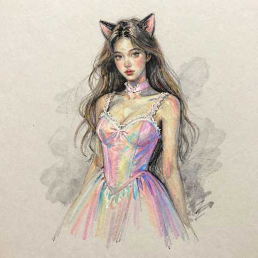 This detailed illustration features a young woman with long, wavy brown hair that cascades down to her waist. She has striking red lips and a fair complexion, accentuated by a pink choker around her neck. Her attire is a vibrant, multi-colored dress with shades of pink, blue, yellow, and purple, adorned with white lace trim. The dress has a corset-like top with a bow in the center and a flowing skirt. Adding to her whimsical appearance, she wears black cat ears with pink interiors. The background is a light gray, and the artist's signature is visible in the bottom right corner. The overall style of the drawing is reminiscent of anime, with a blend of realistic and fantastical elements.