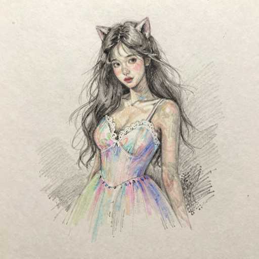 This detailed illustration features a young woman with long, dark hair and bangs, adorned with cat ears. She is depicted wearing a colorful corset-style dress with thin straps and a lace bodice, which flares out into a skirt at the waist. The dress is vibrantly colored with shades of blue, pink, yellow, and green, and is cinched at the waist with a belt. The woman has a fair complexion, rosy cheeks, and red lips, and she is looking directly at the viewer. The background is a light gray, with darker gray shading around her figure, adding depth to the image. The illustration appears to be created using colored pencils, giving it a soft, textured look.