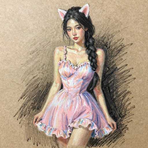 This detailed drawing depicts a young Asian woman with long, dark hair styled in a braid that drapes over her left shoulder. She is adorned with pink cat ears, each featuring a white interior. Her attire is a short, pink dress with frilly edges and a ruffled neckline, complemented by a single strap over her right shoulder. The dress is form-fitting, accentuating her figure, and has a frilly hemline that ends just above her knees. The woman's expression is serious, with her gaze directed straight at the viewer. Her arms are positioned at her sides, and her legs are crossed, with her right leg slightly in front of her left. The background is a light brown, and the image is framed with black lines that create a shadow effect around her.