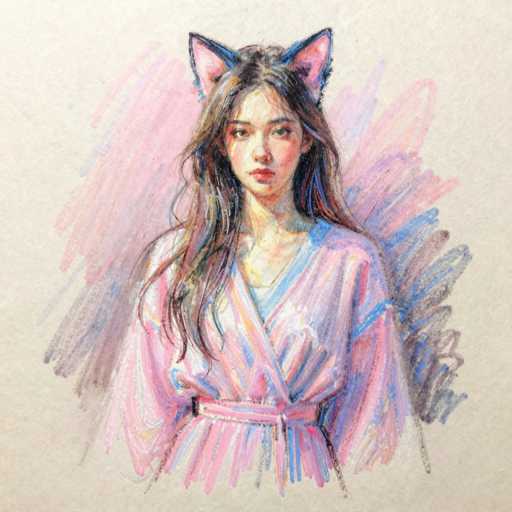 This image features a detailed drawing of a young woman, likely in her late teens or early twenties, with long, wavy brown hair that cascades down to her chest. She has a fair complexion and is adorned with blue cat ears that have pink interiors, adding a whimsical touch to her appearance. The woman is dressed in a pink bathrobe with blue and yellow accents, cinched at the waist with a matching pink belt. She is looking directly at the viewer with a neutral expression, her lips painted a vivid red. The background is a blend of pink, blue, and purple hues, creating a soft, dreamy atmosphere. The entire drawing is set against a white canvas, with the woman's figure occupying the central focus of the image.