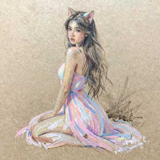 This image features a detailed drawing of a young woman, possibly of Asian descent, with long, flowing black hair that cascades down her back. She is seated with her legs crossed in front of her, her body facing left while she turns her head to gaze directly at the viewer. Her attire is a striking, one-shoulder dress adorned with vibrant stripes of pink, blue, yellow, and white, which elegantly drapes around her. Adding a whimsical touch to her appearance, she wears pink cat ears that peek out from her hair. The background is a simple, light brown, almost tan color, which contrasts subtly with the vividness of her dress. The drawing appears to be created using colored pencils, giving it a soft, textured look.