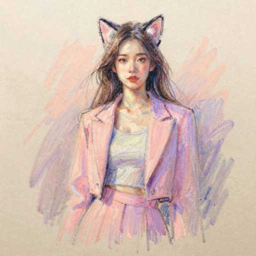 This image features a detailed drawing of a young woman, likely in her late teens or early twenties, with long brown hair that cascades down her back. She is depicted wearing a pink jacket over a white tank top, paired with a pink skirt. Her expression is serious, with red lips and a hint of blush on her cheeks. Adding a whimsical touch to the portrait, she has cat ears on her head, colored pink with black outlines. The background is a blend of soft pastel colors, including shades of pink, purple, and blue, creating a dreamy and artistic atmosphere. The drawing is set against a light brown or beige backdrop, enhancing the overall aesthetic of the piece.