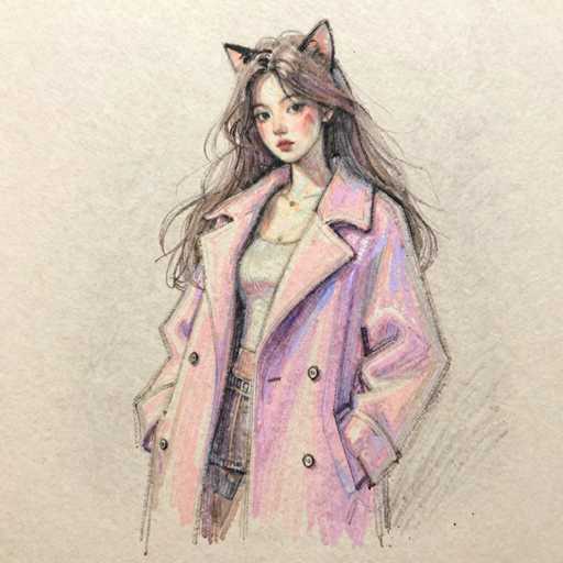 This image features a detailed drawing of a young woman, likely in her late teens or early twenties, with an anime-inspired style. She has long, wavy brown hair that cascades down to her waist, and her bangs are parted in the middle. Her hair is adorned with black cat ears that have pink interiors. She has a light complexion with rosy cheeks, red lips, and dark eyes that gaze directly at the viewer. 

The woman is dressed in a light green tank top and very short denim shorts, which are cut off at the top of her thighs. Over her outfit, she wears a long pink trench coat with black buttons, which is slightly open at the front. The coat features subtle hints of purple and blue, adding depth to its color. She accessorizes with a delicate necklace that has a small pendant. 

The background of the image is a light beige or cream color, with some black shading on the right side, adding contrast to the overall composition. The drawing is set on a textured, off-white paper, giving it a slightly aged or vintage feel.